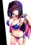  1girl adjusting_hair akeyama_kitsune aozaki_aoko bikini blue_bikini blue_eyes blush breasts brown_hair cleavage large_breasts long_hair looking_at_viewer mahou_tsukai_no_yoru navel shawl side-tie_bikini smile solo swimsuit 