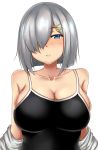  1girl bangs black_swimsuit blue_eyes blush breasts cleavage closed_mouth collarbone embarrassed eyebrows_visible_through_hair hair_ornament hair_over_one_eye hairclip hamakaze_(kantai_collection) highres kantai_collection large_breasts looking_at_viewer off_shoulder school_swimsuit short_hair sidelocks silver_hair simple_background solo swimsuit terakoya undressing upper_body white_background 