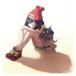  1girl bangs black_hair blush closed_eyes green_shorts happy legendary_pokemon malasada marshadow miu_(miuuu_721) mizuki_(pokemon) pokemon pokemon_(game) red_beanie shadow short_hair shorts smile 