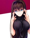  1girl adjusting_eyewear akeyama_kitsune aozaki_aoko bespectacled black_sweater blue_eyes breasts brown_hair glasses large_breasts long_hair looking_at_viewer mahou_tsukai_no_yoru ribbed_sweater sleeveless smile solo sweater sweater_vest 