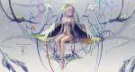  1girl babydoll bare_shoulders barefoot choker collarbone hair_ornament highres long_hair looking_at_viewer no_panties one_side_up original purple_hair red_eyes see-through sitting solo wangchuan_de_quanyan wings 