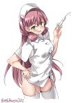  1girl akashi_(kantai_collection) ass blush breasts commentary_request ebifurya eyebrows_visible_through_hair garter_straps gloves green_eyes hair_between_eyes hat highres kantai_collection large_breasts long_hair long_sleeves looking_at_viewer nurse nurse_cap open_mouth pink_hair pink_lips round_teeth simple_background skindentation solo syringe teeth thigh-highs twintails twitter_username white_background white_gloves 