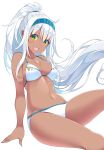  1girl absurdres arm_support bikini blue_hairband cowboy_shot dark_skin feet_out_of_frame green_eyes hairband highres long_hair looking_at_viewer matsunoki_(unknown_751) open_mouth original ponytail simple_background sitting solo swimsuit white_background white_bikini white_hair 