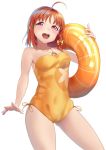  1girl absurdres ahoge bare_shoulders blush braid breasts casual_one-piece_swimsuit clover_hair_ornament cowboy_shot hair_ornament highres innertube love_live! love_live!_sunshine!! medium_breasts one-piece_swimsuit open_mouth orange_hair orange_swimsuit qwyte red_eyes ribbon round_teeth see-through short_hair side_braid simple_background smile solo swimsuit takami_chika teeth upper_teeth white_background yellow_ribbon 