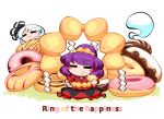 2girls :3 =_= blush_stickers chibi doughnut eating english food hairband kashuu_(b-q) konpaku_youmu konpaku_youmu_(ghost) mirror multiple_girls purple_hair rope shimenawa short_hair touhou white_hair yasaka_kanako