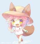  1girl animal_ears blue_background blush chibi ears_through_headwear fangs fate/grand_order fate_(series) fox_ears fox_tail hat kouu_hiyoyo looking_at_viewer open_mouth pink_hair pixiv_username shirt simple_background solo straw_hat t-shirt tail tamamo_(fate)_(all) tamamo_no_mae_(swimsuit_lancer)_(fate) yellow_eyes 