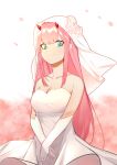  1girl absurdres bare_shoulders breasts bridal_veil bride cleavage closed_mouth collarbone commentary darling_in_the_franxx dress elbow_gloves english_commentary eyebrows_visible_through_hair flower gloves green_eyes highres horns long_hair looking_at_viewer medium_breasts pink_hair qingli_green red_horns rose smile solo veil wedding_dress white_flower white_gloves white_rose zero_two_(darling_in_the_franxx) 