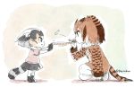  2girls animal_ears bird_tail bird_wings boots brown_hair child coat commentary_request elbow_gloves eurasian_eagle_owl_(kemono_friends) eyebrows_visible_through_hair fennecoon_(kemono_friends)_(panzuban) fox_ears fox_tail fur_collar gloves grey_hair kemono_friends long_sleeves multicolored_hair multiple_girls owl_ears pantyhose panzuban party_horn pleated_skirt puffy_short_sleeves puffy_sleeves raccoon_ears raccoon_tail reaching_out short_hair short_sleeves skirt squatting tail twitter_username white_hair wings 