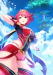  1girl absurdres armor bangs blush breasts covered_navel earrings fingerless_gloves gloves green322 hair_ornament highres pyra_(xenoblade) jewelry large_breasts looking_at_viewer red_eyes redhead short_hair shorts sidelocks simple_background smile solo tiara xenoblade_(series) xenoblade_2 