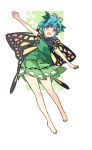  1girl antennae barefoot blue_hair brown_eyes butterfly_wings eternity_larva eyebrows_visible_through_hair full_body green_skirt hair_ornament haya_taro_pochi leaf leaf_hair_ornament looking_at_viewer open_mouth outstretched_arms short_hair skirt sleeveless smile solo touhou wings 