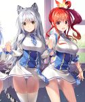  3girls animal_ears bangs bare_legs blush bracelet breasts eyebrows_visible_through_hair feathers gluteal_fold hand_holding indoors jewelry long_hair looking_at_viewer multiple_girls necktie open_mouth original oryou panties pantyshot red_eyes redhead school_uniform shiny shiny_skin smile standing tail thigh-highs underwear white_hair white_legwear white_panties yellow_eyes zettai_ryouiki 