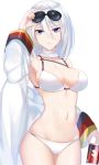 1girl absurdres alternate_costume armpits azur_lane baggy_clothes bangs bikini blue_eyes breasts can cleavage coat collarbone cowboy_shot cross cross_earrings earrings eternity_(pixiv8012826) eyewear_on_head groin hair_between_eyes hand_on_eyewear highres holding holding_can jewelry large_breasts looking_at_viewer navel parted_lips scarf short_hair sidelocks silver_hair simple_background skindentation solo sparkle stomach sunglasses swimsuit thighs tirpitz_(azur_lane) wet white_background white_bikini white_coat white_scarf 