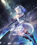  1girl artist_request backless_outfit blue_hair circlet cygames dragon_girl dragon_horns dragon_tail expressionless flower frilled_skirt frills gauntlets hair_flower hair_ornament horns looking_at_viewer looking_back official_art pointy_ears polearm ruins shadowverse short_hair skirt solo tail thigh-highs violet_eyes weapon whitefrost_dragonewt_filene 