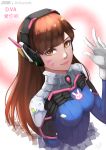  1girl animal_print bangs blue_bodysuit bodysuit breasts brown_eyes brown_hair bunny_print character_name d.va_(overwatch) facepaint facial_mark gloves headphones high_collar highres light_smile long_hair looking_at_viewer overwatch pilot_suit pink_lips ribbed_bodysuit shoulder_pads signature skin_tight small_breasts solo swept_bangs upper_body whisker_markings white_gloves yona_(pixiv12827103) 