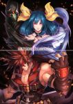  1boy 1girl anniversary asymmetrical_wings blue_hair bow brown_hair copyright_name dizzy fingerless_gloves gloves guilty_gear hair_bow headband highres long_hair muscle re_(re_09) red_eyes sol_badguy wings yellow_bow 
