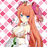  alice_(sennen_sensou_aigis) argyle argyle_background bare_shoulders blue_eyes blush bouquet breasts bridal_gauntlets cleavage crown flower gloves hair_flower hair_ornament hair_ribbon long_hair looking_at_viewer medium_breasts mini_crown mun_(gunma) pink_ribbon ribbon sennen_sensou_aigis signature simple_background smile two_side_up upper_body very_long_hair white_gloves 