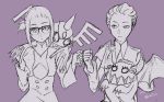  1boy 1girl closed_mouth darling_in_the_franxx freckles glasses ikuno_(darling_in_the_franxx) kino_lico looking_at_another mitsuru_(darling_in_the_franxx) monochrome purple purple_background simple_background twitter_username uniform upper_body 