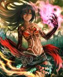  1girl artist_request black_hair black_skin blue_eyes breasts broken_glass chest_jewel cygames dark_skin enkidu_(shadowverse) eyebrows_visible_through_hair fingernails full_body_tattoo glass glowing_tattoo long_hair looking_at_viewer multicolored multicolored_skin navel official_art open_mouth shadowverse sharp_fingernails small_breasts solo tattoo 