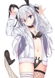  1girl animal_ears bandage grey_hair hair_ornament highres kanikou long_hair looking_at_viewer original rabbit_ears solo white_hair 