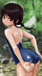  1girl adjusting_clothes adjusting_swimsuit ass bare_arms bare_shoulders blue_swimsuit blurry blurry_background brown_hair closed_mouth commentary_request competition_school_swimsuit cowboy_shot day depth_of_field leaning_forward long_hair looking_at_viewer looking_back low_ponytail one-piece_swimsuit original outdoors ponytail red_eyes rohitsuka signature solo swimsuit water wet wet_clothes wet_swimsuit 