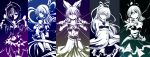  5girls absurdres arms_behind_back breasts column_lineup dress earmuffs hair_rings hands_in_opposite_sleeves hat highres hisin japanese_clothes kaku_seiga kariginu long_hair long_sleeves looking_at_viewer miyako_yoshika monochrome mononobe_no_futo multiple_girls ofuda outstretched_arms pointy_hair ponytail short_hair short_sleeves skirt sleeveless smile soga_no_tojiko sword tate_eboshi touhou toyosatomimi_no_miko weapon wide_sleeves zombie_pose 