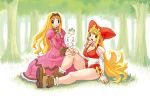  bare_legs blonde_hair blue_eyes breasts cleavage crea_rosenqueen dress earrings green_eyes hairband hand_on_another&#039;s_knee hands_together hat jewelry juliet_sleeves kururu_(little_princess) kururu_(rhapsody) large_breasts little_princess long_hair long_sleeves looking_at_viewer marl_kingdom nature official_art open_mouth outdoors pink_dress puffy_sleeves puzzle_piece ryoji_(nomura_ryouji) sitting smile 
