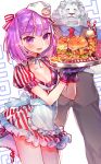  1boy 1girl apron belt bikini bikini_under_clothes black_pants black_suit blue_shirt blush bow buckle cherry closed_eyes cowboy_shot crossed_arms cup diagonal_stripes dress drinking_straw fate/grand_order fate_(series) flat_chest food french_fries frilled_apron frills fruit gloves hair_bow hamburger hat helena_blavatsky_(swimsuit_archer)_(fate) highres holding holding_tray lion looking_at_viewer nekoremon panties pants panty_peek puffy_short_sleeves puffy_sleeves purple_bikini purple_gloves purple_hair red_dress red_tie roller_skates shirt short_hair short_sleeves skates smile striped striped_bow swimsuit swimsuit_under_clothes thomas_edison_(fate/grand_order) tray underwear vertical_stripes vest violet_eyes waist_apron waitress white_apron white_background white_dress white_hat 