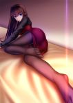  1girl :o akeyama_kitsune aozaki_aoko ass black_legwear blue_eyes brown_hair dress long_hair looking_at_viewer lying mahou_tsukai_no_yoru on_side pantyhose short_dress solo two-tone_dress 