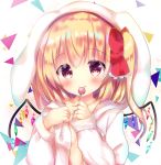 1girl animal_ears animal_hood blonde_hair blush bow bunny_hood candy closed_mouth collarbone commentary_request crystal flandre_scarlet food hair_bow hands_up holding holding_food holding_lollipop hood hood_up hoodie licking lollipop long_hair looking_at_viewer one_side_up rabbit_ears red_bow rikatan smile solo tongue tongue_out touhou white_hoodie wings 