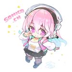  1girl blush breasts chibi cleavage headphones large_breasts long_hair looking_at_viewer minoa_(lastswallow) nitroplus pink_eyes pink_hair simple_background smile solo super_sonico 