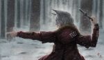  1girl absurdres animal_ears arknights atlook blizzard character_name commentary_request forest fur-trimmed_hood fur_trim grey_hair highres hood hooded_jacket jacket knife nature projekt_red_(arknights) snow snowing solo weapon wolf_ears wolf_girl yellow_eyes 