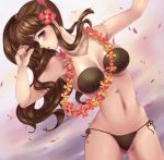  1girl @maya bikini_top breasts brown_hair coconut_bra dancing female flower flower_necklace gosenfu_nante_kazari_desu! hair_flower hula large_breasts long_hair minamizato_kanon navel petals ponytail side_ponytail violet_eyes 