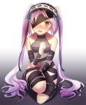  1girl alternate_costume asymmetrical_clothes bare_shoulders between_legs black_background black_hair black_ribbon blush breasts collarbone commentary_request cosplay embarrassed euryale fate/grand_order fate_(series) fishnet_legwear fishnets frilled_hairband frills full_body gradient gradient_background hair_between_eyes hairband hand_between_legs kneeling light_brown_eyes long_hair looking_at_viewer mochizuki_chiyome_(fate/grand_order) mochizuki_chiyome_(fate/grand_order)_(cosplay) nidaime_(doronbo) open_mouth purple_hair ribbon small_breasts solo tears thighs twintails very_long_hair violet_eyes white_background 