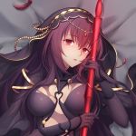  1girl bed_sheet bodysuit breasts brown_hair cleavage fate/grand_order fate_(series) from_above gae_bolg hair_between_eyes head_tilt holding holding_weapon jewelry long_hair looking_at_viewer lying medium_breasts on_back parted_lips red_eyes red_feathers scathach_(fate/grand_order) solo torn_bodysuit torn_clothes upper_body utdream veil weapon 
