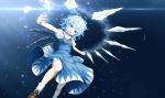  1girl :d absurdres blue_bow blue_dress blue_eyes blue_hair bow brown_footwear cirno dress flying hair_bow head_tilt highres ice kisamu_(ksmz) loafers neck_ribbon open_mouth outstretched_arms pinafore_dress red_ribbon ribbon shirt shoes short_hair short_sleeves smile solo touhou white_legwear white_shirt 