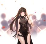  1girl :o alternate_costume arm_ribbon armlet bangs bare_shoulders black_dress blunt_bangs blurry blurry_background blush breasts brown_hair cleavage closed_mouth confetti cowboy_shot cup dress dsr-50_(girls_frontline) earrings floating_hair flying_heart girls_frontline gold hand_up head_tilt highres holding jewelry large_breasts light_particles long_hair looking_at_viewer red_eyes ribbon ring sidelocks sitting siun skindentation smile solo thighs 