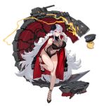  1girl azur_lane bare_legs bare_shoulders blush breasts cape cleavage collarbone electricity eyebrows_visible_through_hair full_body graf_zeppelin_(azur_lane) grey_hair hat hat_removed headwear_removed high_heels kishiyo large_breasts long_hair looking_at_viewer navel official_art parted_lips red_eyes solo transparent_background 