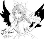  1girl :q bow breasts cake candle cape center_frills commentary_request daimaou_ruaeru feathered_wings food food_on_face greyscale hair_between_eyes hair_bow hands_up happy_birthday highres holding holding_cake holding_food long_hair looking_at_viewer medium_breasts monochrome puffy_short_sleeves puffy_sleeves reiuji_utsuho shirt short_sleeves sidelocks simple_background sketch skirt smile solo tongue tongue_out touhou translation_request white_background wings 