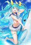  1girl :d aqua_eyes aqua_hair bikini_skirt clouds hair_between_eyes hair_ribbon hatsune_miku inflatable_dolphin inflatable_toy long_hair looking_at_viewer navel open_mouth outdoors ribbon sailor_collar sky smile solo thigh_strap tokki twintails very_long_hair vocaloid water 