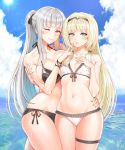  ak-12_(girls_frontline) alternate_costume alternate_hairstyle an-94_(girls_frontline) arm_around_waist bangs beach bikini black_bikini blonde_hair blue_eyes blue_nails blue_sky blush braid breasts cleavage closed_mouth clouds collarbone day eyebrows_visible_through_hair french_braid girls_frontline hair_ribbon hairband hand_on_another&#039;s_arm long_hair looking_at_viewer medium_breasts multiple_girls nail_polish ocean one_eye_closed open_mouth outdoors ponytail red_eyes red_nails ribbon side-tie_bikini sidelocks signature silver_hair skindentation sky small_breasts smile sun sunlight swimsuit taesi thigh_strap tress_ribbon very_long_hair wet 