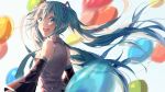  1girl :d balloon blue_eyes blue_hair detached_sleeves eyebrows_visible_through_hair floating_hair grey_shirt hair_between_eyes hair_ornament hatsune_miku highres long_hair looking_at_viewer looking_back number open_mouth shirt sleeveless sleeveless_shirt smile solo tattoo tsukonin_p twintails upper_body very_long_hair vocaloid 