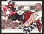 1girl black_border border bow checkerboard_cookie checkered checkered_hat circle_name commentary_request cookie cup elbow_gloves fingerless_gloves flower food fork frilled_skirt frills garter_straps gloves happy_birthday hat hat_bow horizontal-striped_legwear horizontal_stripes key looking_at_viewer love_live! love_live!_school_idol_project nishikino_maki outside_border plaid plaid_skirt red_flower red_rose redhead rose sakurai_makoto_(custom_size) shirt shoes skirt solo spoon striped striped_legwear tag teacup thigh-highs violet_eyes 