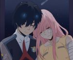  1boy 1girl bandage bandaged_arm bandaid bandaid_on_face bangs black_hair blue_horns closed_eyes commentary couple darling_in_the_franxx english_commentary hetero hiro_(darling_in_the_franxx) horns leslove-draws long_hair military military_uniform necktie night night_sky nightgown oni_horns pink_hair red_horns red_neckwear short_hair signature sky star star_(sky) starry_sky uniform zero_two_(darling_in_the_franxx) 