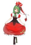  1girl bangs bare_arms blunt_bangs closed_mouth curtsey dress dress_lift eyebrows_visible_through_hair frilled_dress frilled_ribbon frills front_ponytail full_body green_eyes green_hair hair_ribbon head_tilt highres kagiyama_hina legs_crossed lifted_by_self long_hair mafuyu_hemp puffy_short_sleeves puffy_sleeves red_ribbon ribbon short_sleeves simple_background smile solo standing touhou watson_cross white_background 