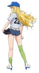  1girl arm_at_side ass ball baseball baseball_cap baseball_glove baseball_uniform belt blonde_hair blue_hat boots commentary_request contrapposto denim denim_shorts from_behind green_eyes green_legwear hand_on_hip hat high_heel_boots high_heels highres holding holding_ball hoshii_miki idolmaster idolmaster_(classic) kneepits long_hair looking_away looking_to_the_side loose_thighhigh nigou number shirt short_sleeves shorts simple_background skindentation solo sportswear standing star striped striped_shirt tareme thigh-highs thighs vertical-striped_shirt vertical_stripes very_long_hair white_background white_footwear zipper 