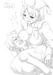  1boy 1girl blush breast_rest breasts breasts_on_head cleavage commentary_request final_fantasy final_fantasy_tactics large_breasts long_hair monochrome orator_(fft) ramza_beoulve sweat takomeshi translation_request 
