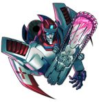  1boy autobot blood chainsaw energon glowing glowing_eyes grin highres jpeg_artifacts mecha no_humans pharma pirate_cashoo robot science_fiction smile solo transformers 
