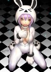  1girl animal_hood ariverkao bodysuit breasts bunny_hood cleavage collar dated from_above gloves grey_eyes hood large_breasts lips looking_at_viewer original paw_gloves paw_shoes paws purple_hair shoes short_hair signature sitting smile solo teeth wariza zipper zipper_pull_tab 