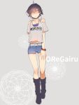  1boy belt black_hair blush boots copyright_name cr-r denim denim_shorts full_body hikigaya_hachiman looking_at_viewer male_focus short_shorts shorts solo sweatdrop yahari_ore_no_seishun_lovecome_wa_machigatteiru. 