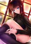  1girl akeyama_kitsune aozaki_aoko black_legwear black_shirt blue_eyes bottomless breasts brown_hair large_breasts long_hair long_sleeves looking_at_viewer mahou_tsukai_no_yoru shirt sitting smile solo thigh-highs undressing window 